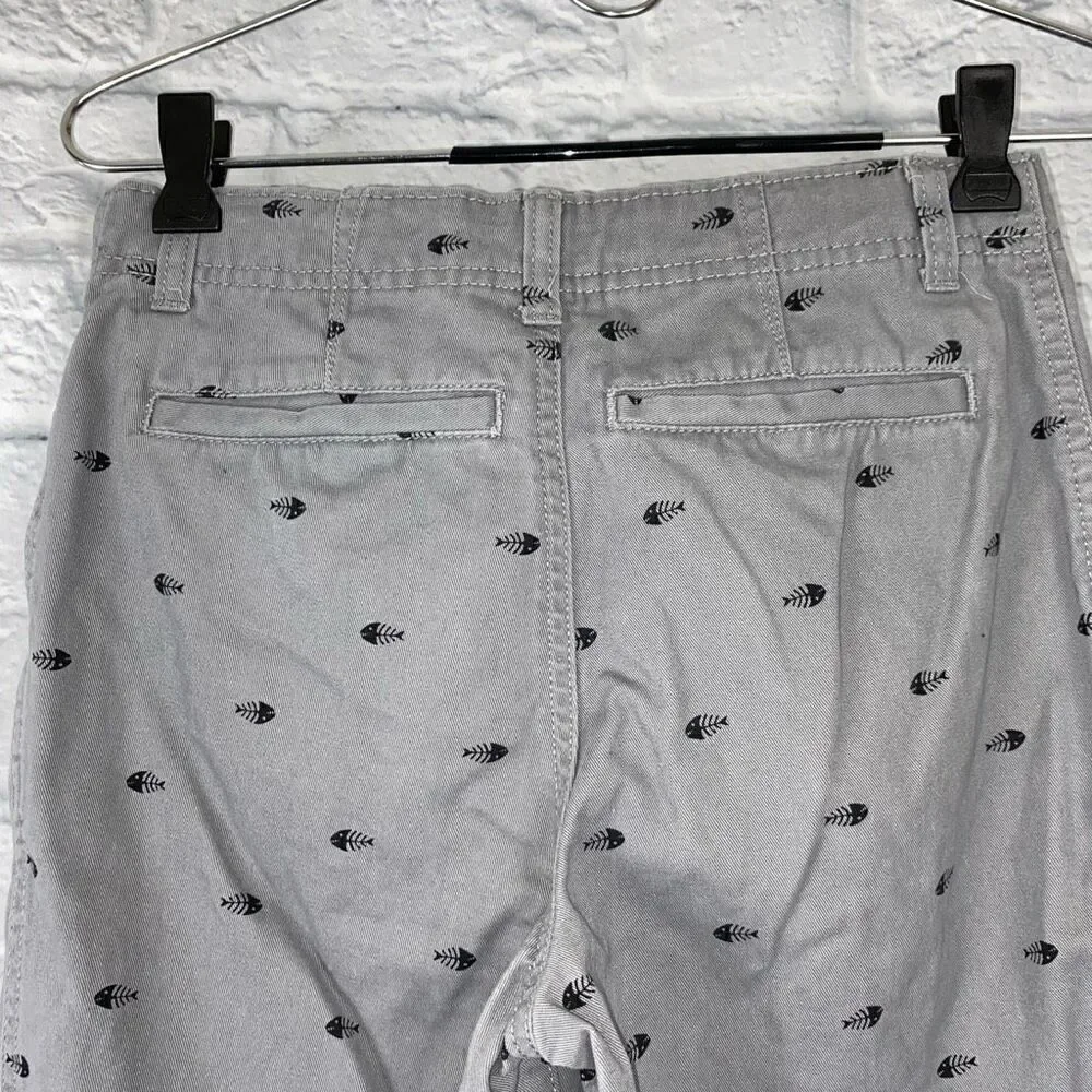 Faded Glory youth boys 14 100% cotton chino shorts w/fish skeleton grey